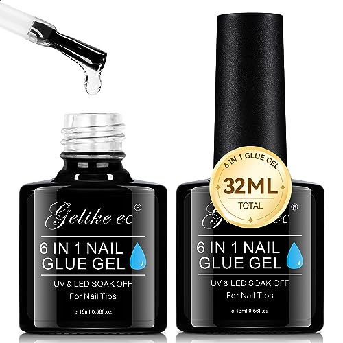 Gelike ec 6 in 1 Nail Glue Gel 32ML 2PCS: Extra Strong Nail Glue for Clear Acrylic Nails - Long Lasting Extension Gel Adhesive UV Nail Glue for Clear Press On Nail Tips Nail Polish, UV Cure Required