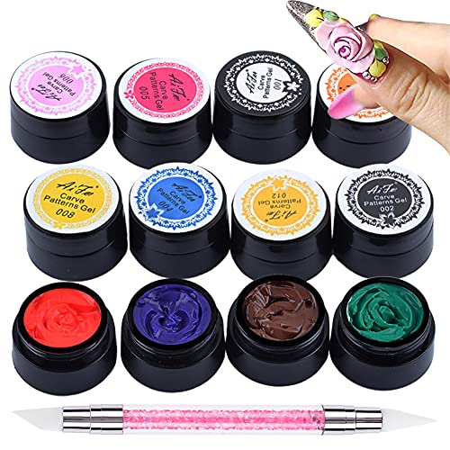 BAIYIYI 12 Color Sculpture Gel 3D Carving Gels for Nail Art Decoration Kit Creative DIY Nail Art Painting Carved Soak Off Polish Flowers Design Modeling Tool