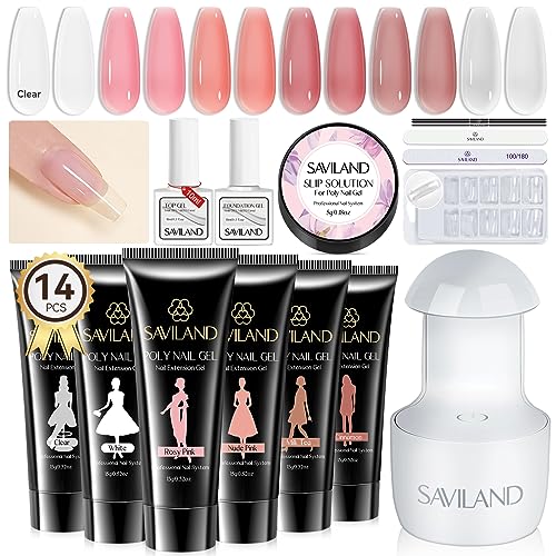 Poly Gel Nail Kit Starter Kit: Saviland at-Home Manicure Poly Hard Gel Kit Easiest Set Long-Lasting 28 Days Fast Cure Nail Lamp Base Top Gel Super Durable with Nail Tip No Lifting Beginner Gift Set