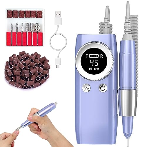 PDGROW Electric Nail Drill Machine, 45000RPM Professional Nail Drill Machine, Cordless Portable Nail Drill for Acrylic/Gel Nails, Rechargeable Nail Drill with Bits Kit and Sanding Bands, Purple