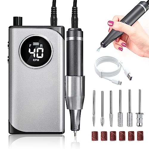 Christine Rechargeable Professional Electric Nail File Portable Electric Nail Drill 40000 RPM with 12 Drill Bit for Acrylic/Gel Nails Professional Nail Tools for Manicure Pedicure-Grey