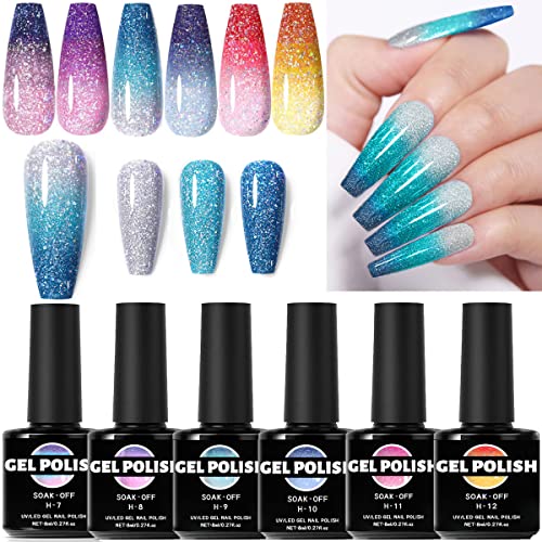 Fannyc Color Changing Reflective Glitter Gel Nail Polish Kit 8ml Each Shiny Diamond Gel Polish 6 Colors Set