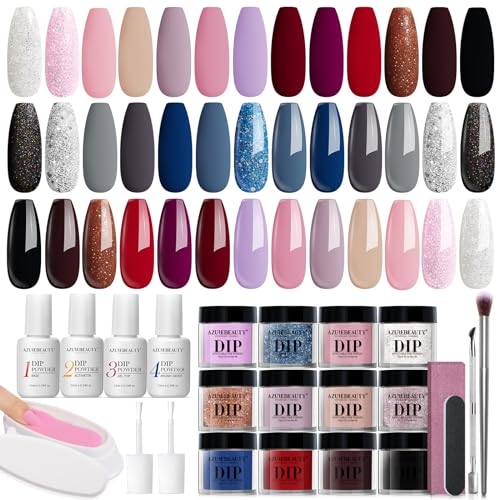 AZUREBEAUTY 31 Pcs Dip Powder Nail Kit Starter, 20 Colors Glitter Nude Pink Gray Red Dip Powder Liquid Set with Top&Base Coat Activator for French Nails Art Manicure DIY Salon Woman Gift