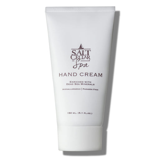 Salt Cellar Spa Dead Sea Mineral Hand Cream, Moisturizer Lotion for Dry, Cracked Skin Enriched with Glycerin, Olive Oil, Paraben Free, Fast Absorbing, 5.1 FL oz (150 ml)