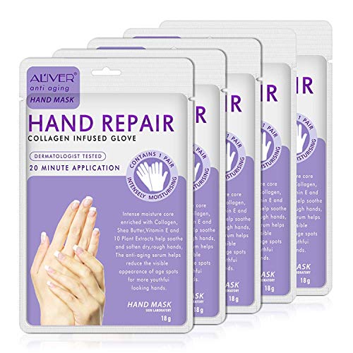 Moisturizing Gloves Hand Mask Gloves Overnight Bedtime 5 Pack, Natural Therapy Collagen Spa Treatment Gloves for Dry Sensitive Irritated Skin,Suit for Men & Women
