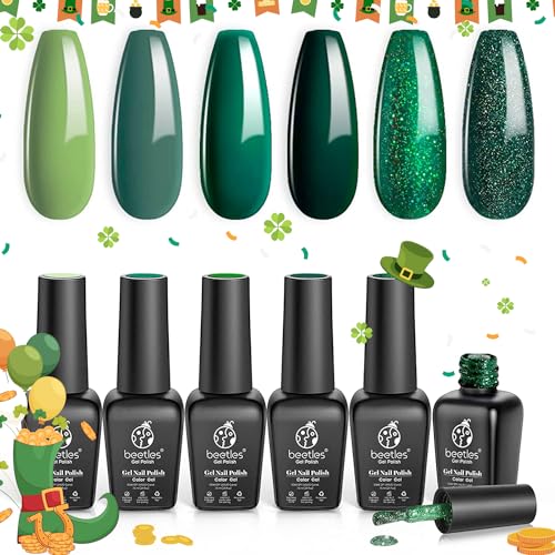 Beetles Carnival Evergreen Gel Nail Polish Set 6 Pcs Glitter Green Sparkle Gel Polish Kit Soak Off UV Nail Lamp Avocado Dark Green Nail Gel Nail Kit Nail Art Design Gifts for Woman