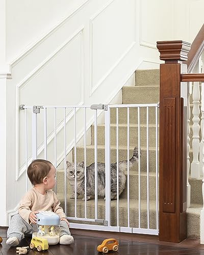 InnoTruth 28.9-42.1" Wide Baby Gate for Stairs, Family Choice Award Winner-30 Tall Dog Gates for Doorways Expandable One-Hand Open, Easy Walk Through Dual Lock Metal Pet Gates for Dogs, White