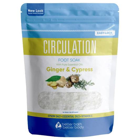 Circulation Foot Soak (2 Lbs) Epsom Salt with Natural Ginger, Cypress, Eucalyptus, and Lavender Essential Oils Plus Vitamin C in BPA Free Pouch with Easy Press-Lock Seal