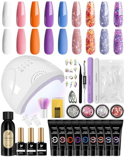 Phoenixy Poly Nail Gel Kit, 9 Colors Poly Extension Gel Nail Kit with 48W LED U V Nail Lamp Slip Solution Manicure Tools Nail Extension Kit Starter Kit Gifts for Women