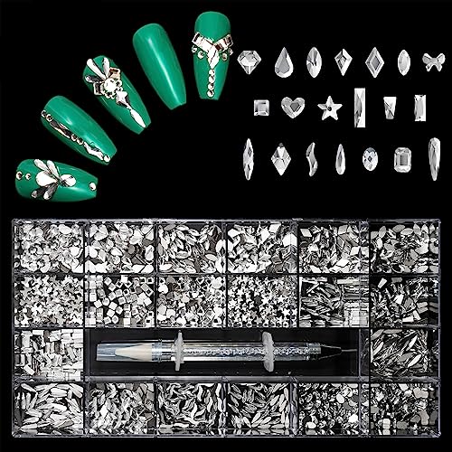 Nail Art Rhinestones, 1000 Special-Shaped Diamonds Mix 20 Styles Flatback Rhinestone Crystals Decorations White Gemstones Set, Nail Gems and Rhinestones Kit for Nails, Crafts, Clothes, Jewelry