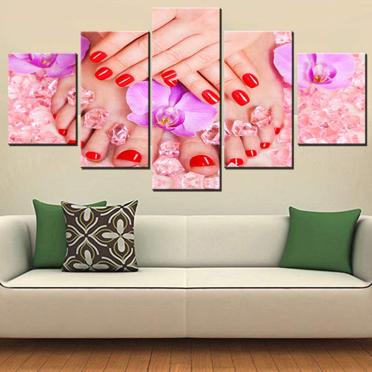 Beauty Salon Artwork for Home Nail Polish and Diamond Pictures for Living Room Multi Panel Makeup Canvas Wall Art Giclee Red Manicure Paintings Framed Ready to Hang Posters and Prints(60''Wx32''H)