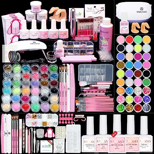 Saviland Acrylic Nail Kit with Drill – Nail Kit Acrylic Set for Nails Extension with Acrylic Powder And Liquid Set Acrylic Nail Brush Practice Finger Portable U V Light for Nails Kit Set for Home DIY
