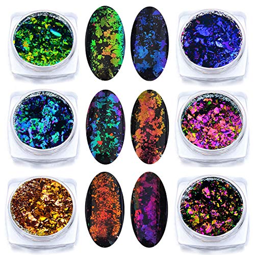 KUKA Iridescent Glitter Chameleon Nail Flakes Set Chrome Nail Powder Mirror Mermaid Effect Set 6 Jars (Dark Chameleon)