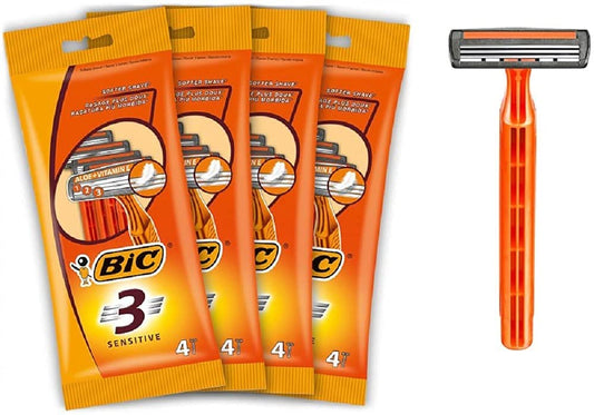 BIC 3 Sensitive, Men's Disposable Razors, Fixed Head Triple Blade for a Close Shave, Bundle of 4 Packs of 4
