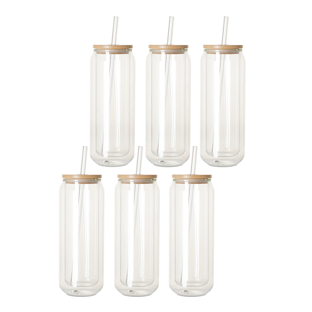Sublimation Glass Can Double Wall With Bamboo Lid And Glass Straw 15 oz 6 Pack