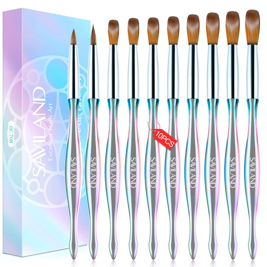 Saviland 10PCS Acrylic Nail Brush Set - Professional Acrylic Nail Brushes for Acrylic Application, Laser Crystal Acrylic Brushes for Nails Extension & 3D Nail Carving Size 4/6/8/10/12/14/16/18/20/22