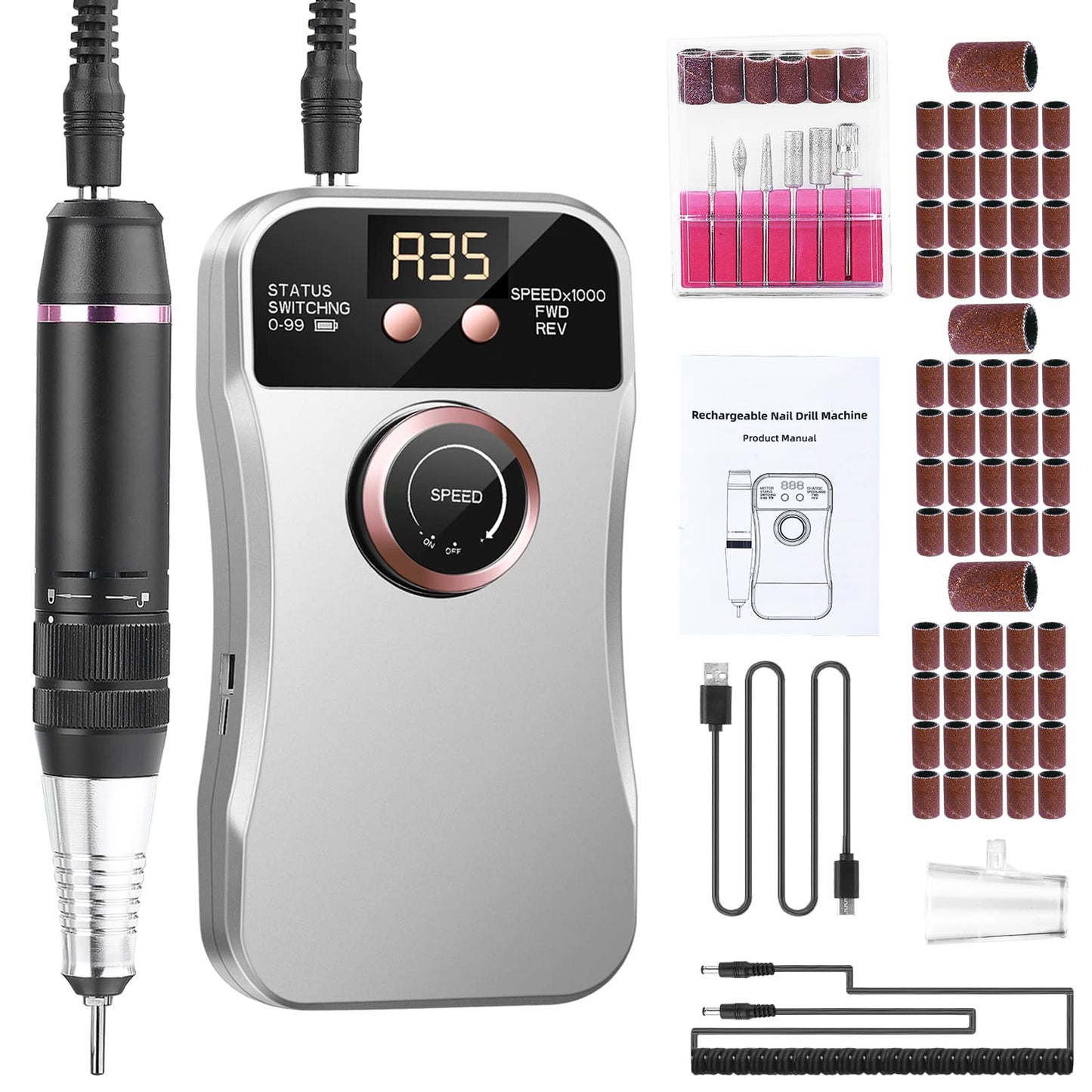 Professional 35000RPM Electric Nail Drill Machine for Acrylic Nails, Portable Acrylic Nail kits for Remove Nail Gel Polishing, Electric Nail Efile Drill Machine for Acrylic Nails DIY Manicure Pedicure
