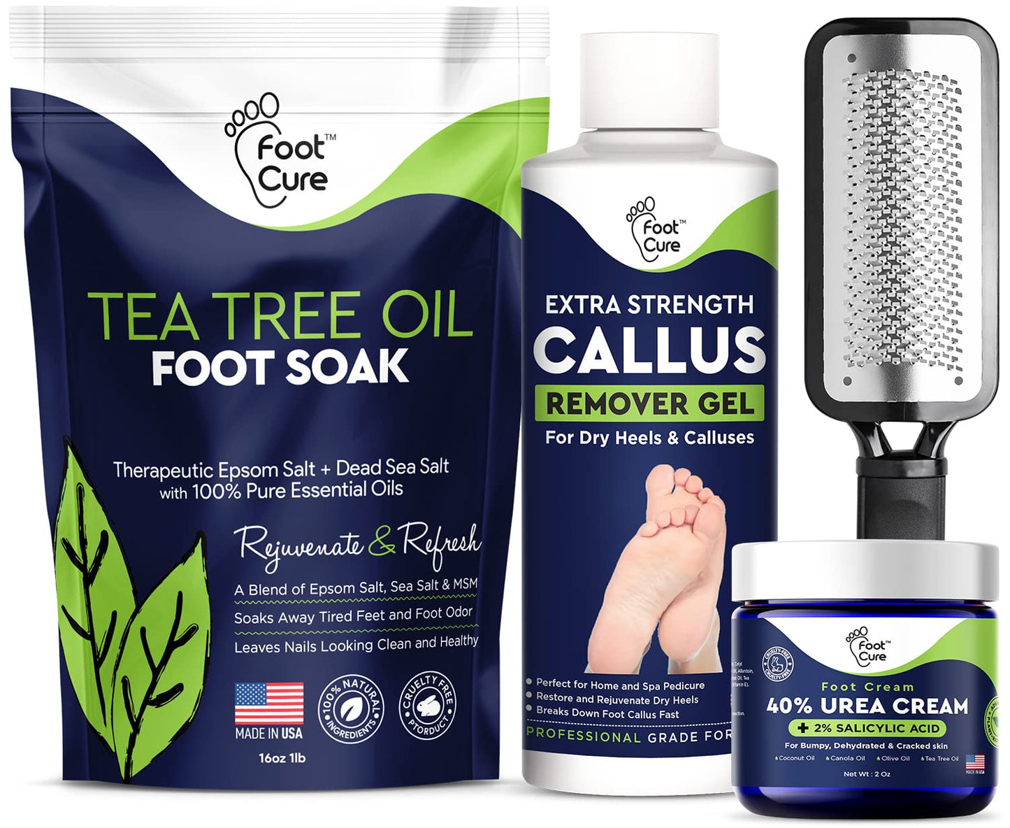Foot Cure Foot Care/ Exfoliator & Callus Remover Pedicure Set – Includes Foot File for Dead Skin, Tea Tree Oil Foot Soak Salts, Urea Cream 40 Percent & Foot Callus Removal Gel – Made in USA