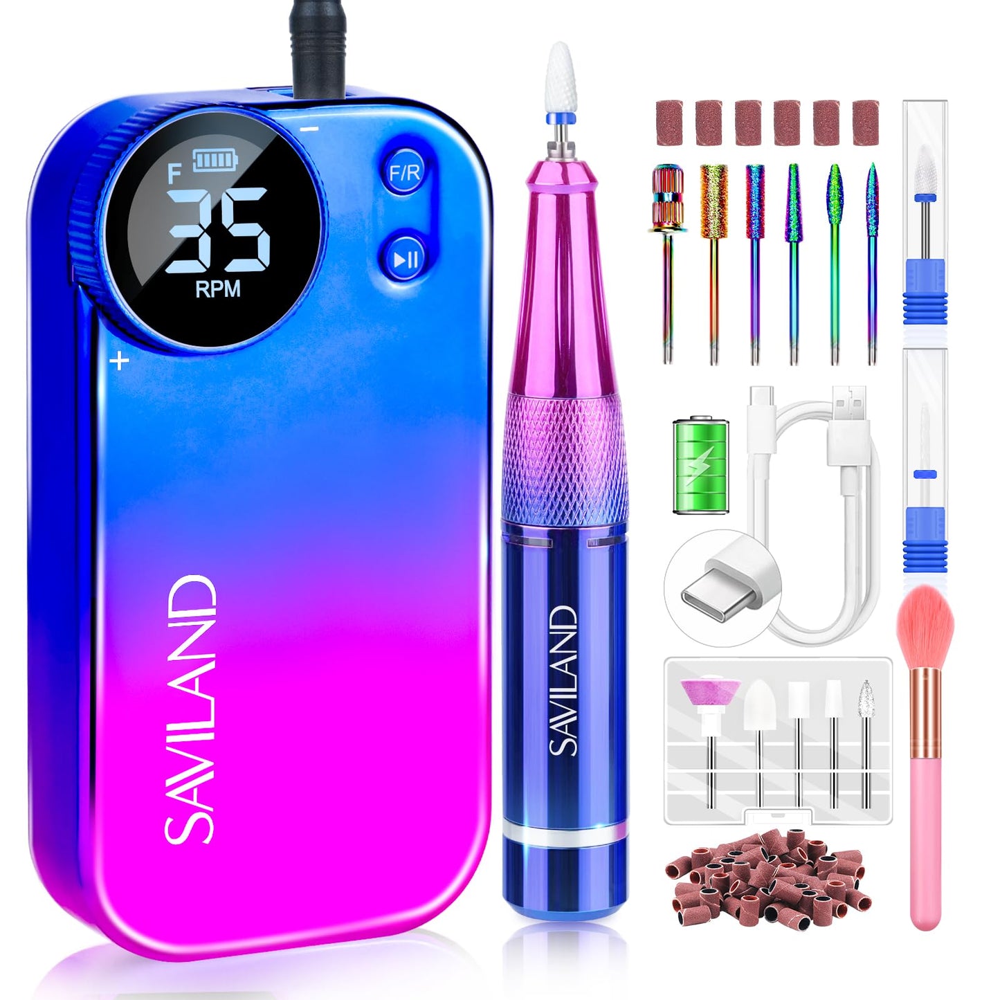 Saviland Portable Electric Nail Drill - 35000RPM Electric Nail File Nail Drills for Acrylic Nails Professional with Drill Bits Manicure Pedicure Supplies Use Nail Art for Home DIY Salon Use