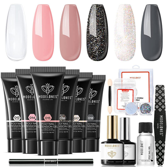 Modelones Poly Nail Gel Kit Enhancement Builder Nail Gel Nude Gray Pink Glitter Nail Extension Gel Kit with Slip Solution Trial Professional Technician All-in-One French Nail Kit Gift for Christmas