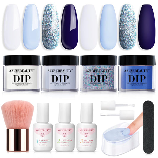 AZUREBEAUTY Christmas Dip Powder Nail Kit Starter, Fall Winter Glitter White Navy Blue 4 Colors Acrylic Dip Powder Liquid Set Base & Top Coat Activator for French Nail Art Manicure Gift