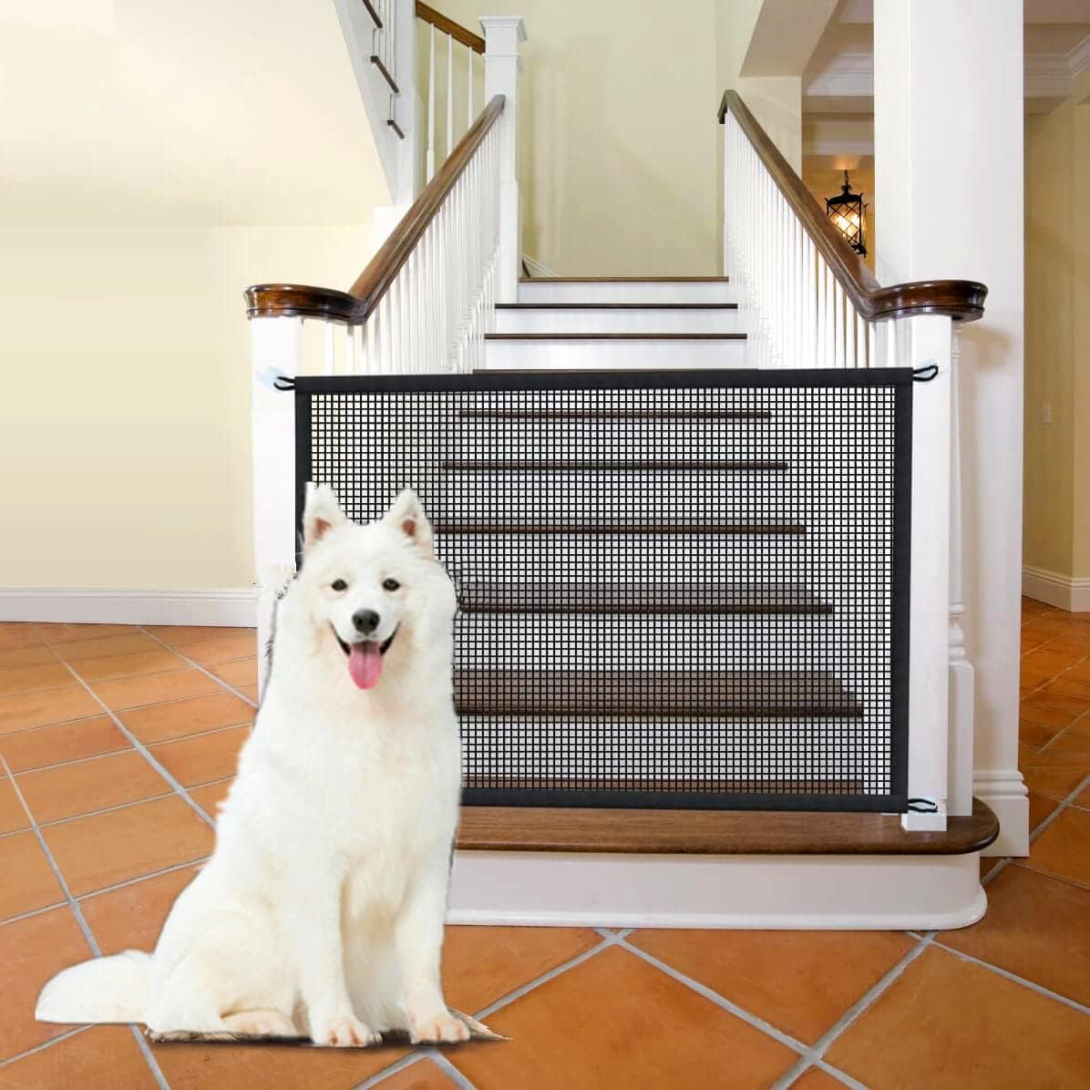 Baby Gate for Stairs No Drill - 43.3" W x 28.3" H Portable Retractable Mesh Dog Gate for Stairs No Drilling Magic Gate Pet Gate Puppy Gate Dog Gate for Doorways (D)