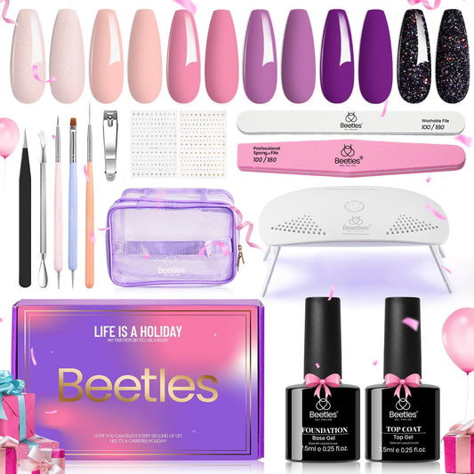 Beetles Gel Nail Polish Kit with Portable Led Nail Lamp 20Pcs 6 Colors Valentine Pink Purple Gel Polish Starter Kit Glitter Gel Nail Polish Spring Nail Decoration Valentine Gift Salon DIY Home