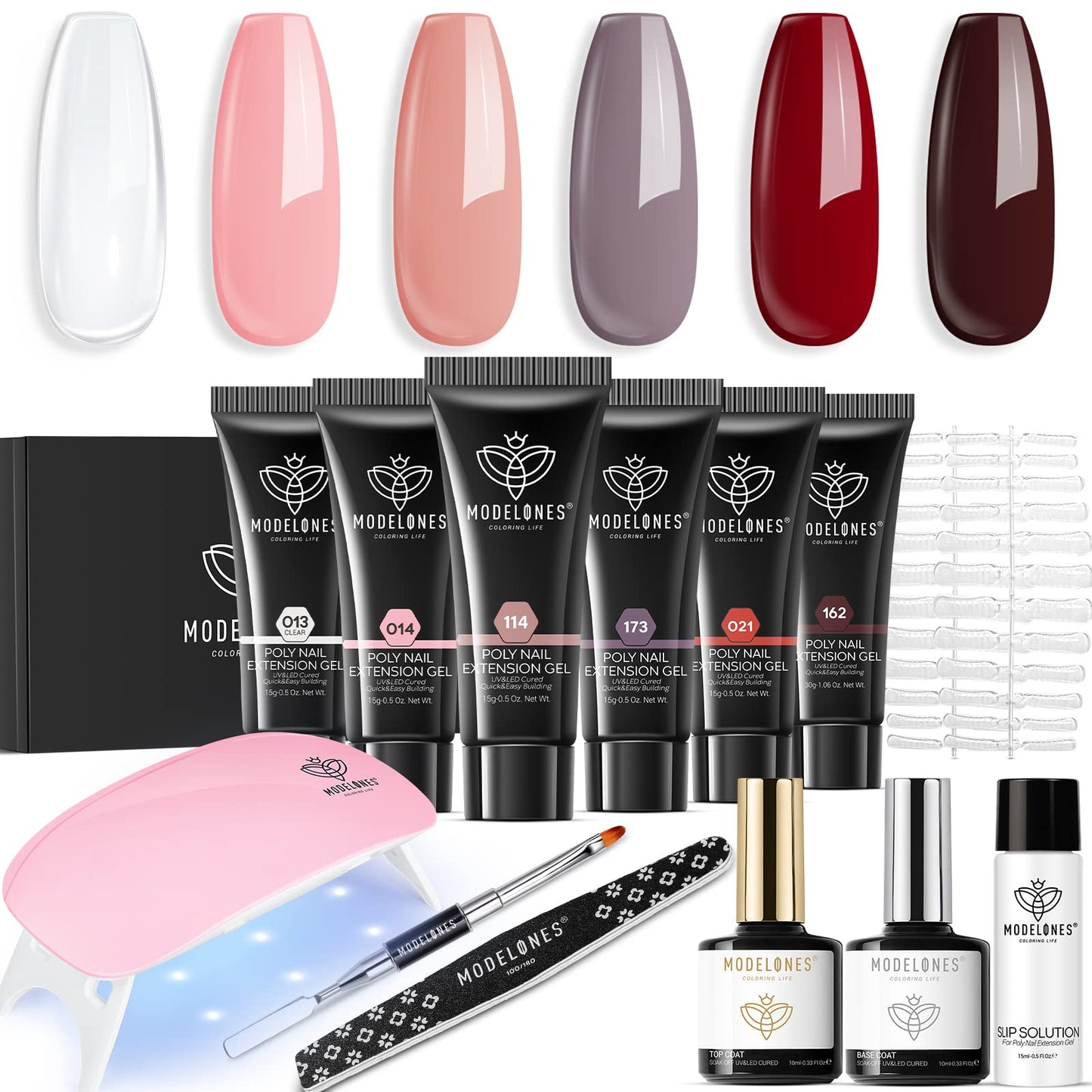 Modelones Poly Nail Extension Gel Kit – 6 Colors Nude Pink Red Poly Nail Gel Kit with mini Nail Lamp for Nail Art Starter All In One Kit Builder Nail Gel Fall Winter French Nails at Home DIY Manicure