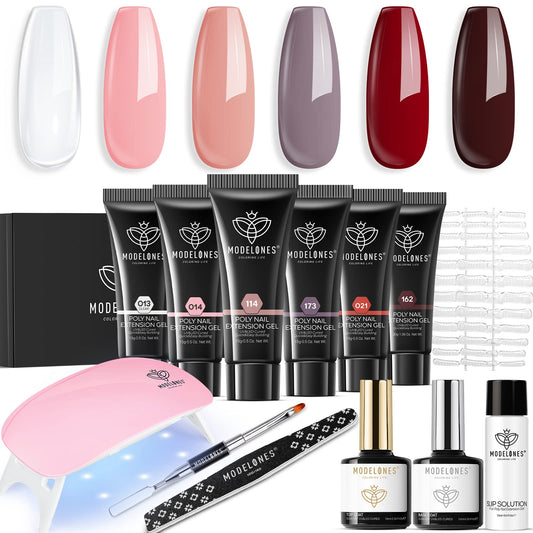Modelones Poly Nail Extension Gel Kit – 6 Colors Nude Pink Red Poly Nail Gel Kit with mini Nail Lamp for Nail Art Starter All In One Kit Builder Nail Gel Fall Winter French Nails at Home DIY Manicure