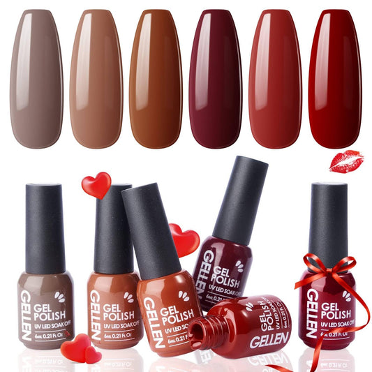 Gellen Gel Nail Polish Set,Red Brown 6 Colors Gel Polish Set, All Season Neutral Nail Polish Soak Off UV Gel DIY Salon Home