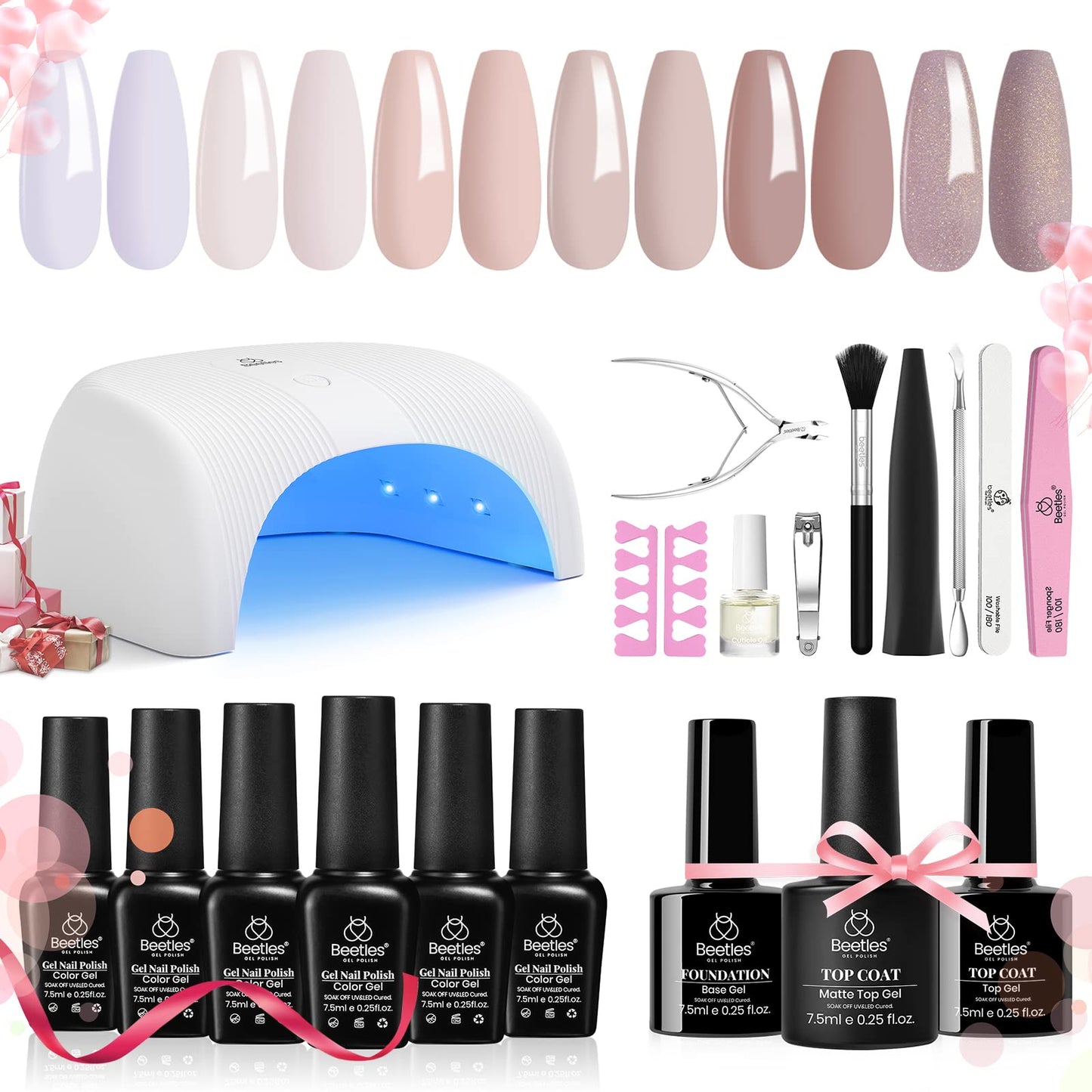 Beetles Gel Nail Polish Kit with Uv Light Base Gel Top Coat, 6 Colors Nude Neutral Gel Polish Starter Kit, Soak off Led Gel Polish Set DIY Manicure Home Nail Essentials Gift for Girls Women