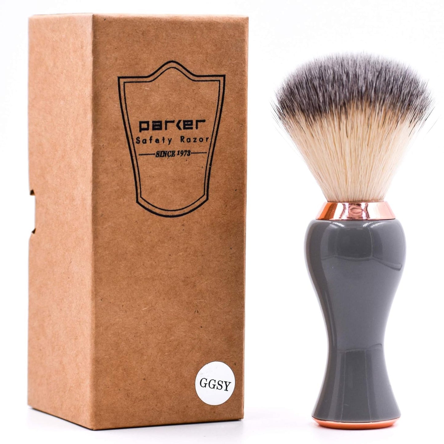 Parker Premium Synthetic Bristle Shaving Brush with Stand – Super Soft Bristles for Sensitive Skin – Deluxe Gray and Rose Gold Handle – Shaving Brush for Men & Women