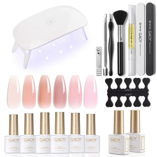 GAOY Gel Nail Polish with U V Light Starter Kit, Jelly Pink Nude Colors Set with Top Coat and Base Coat for Nail Art DIY Manicure and Pedicure at Home