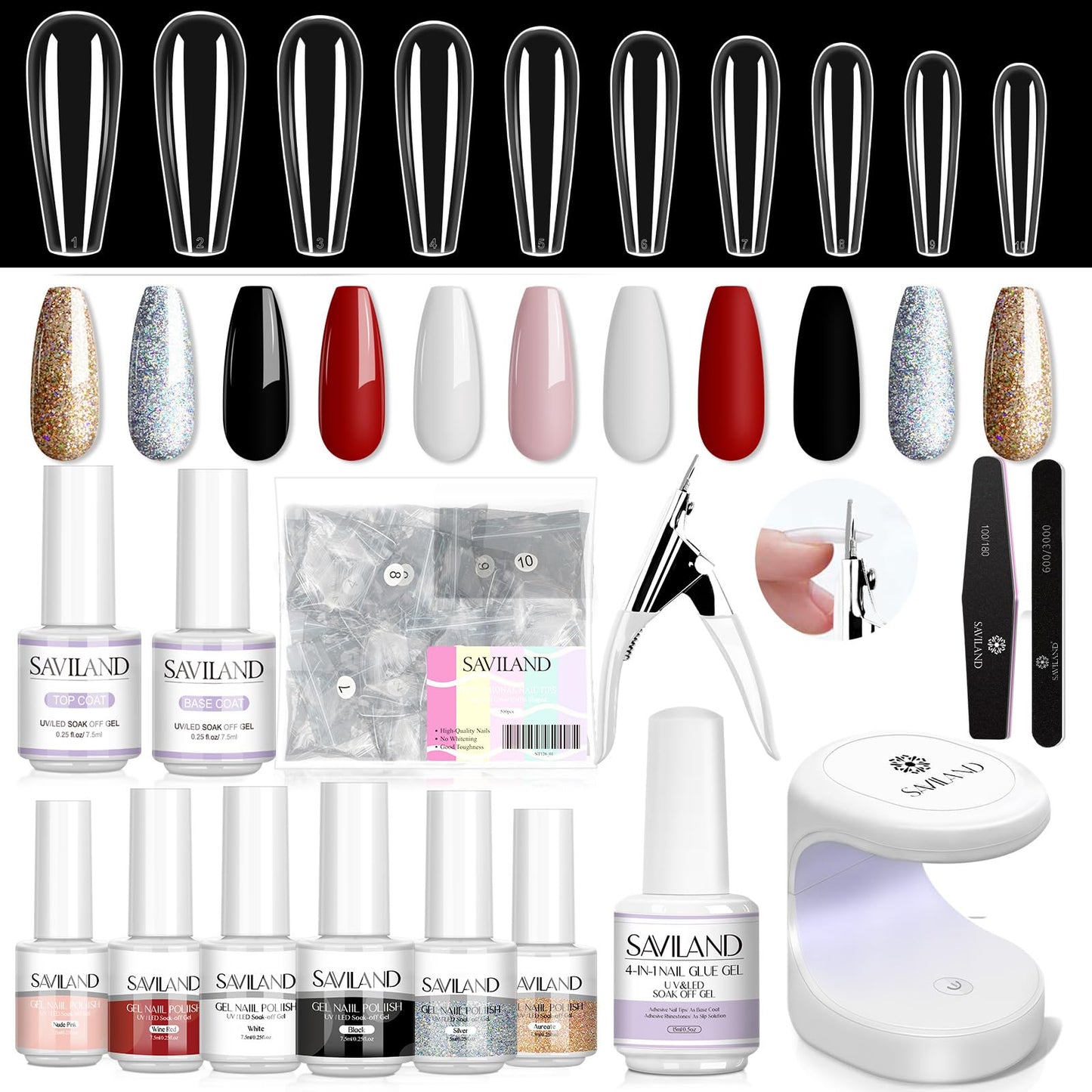 SAVILAND Gel Nail Kit with Everything - White Black Glitter Gel Polish Set with Long Coffin Nail Tips 240Pcs Beginner-Friendly Base & Top Coat 15ml Nail Lamp DIY Nail Art Gift for Women Christmas