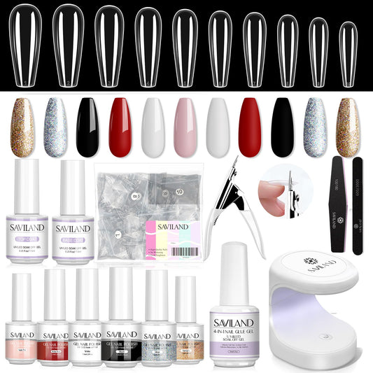 SAVILAND Gel Nail Kit with Everything - White Black Glitter Gel Polish Set with Long Coffin Nail Tips 240Pcs Beginner-Friendly Base & Top Coat 15ml Nail Lamp DIY Nail Art Gift for Women Christmas