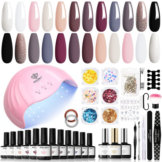 Modelones 35 Pcs Gel Nail Polish Kit with U V Light 48W Nail Lamp - 12 Colors Nude Pink Gray Glitters Gel Nail Polish Set Glossy & Matte Base Top Coat Nail Art Decoration Manicure Tools Salon DIY Gift