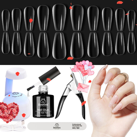 Beetles Gel Nail Kit Easy Nail Extension Set 5 In 1 Nail Glue Gel Base Coat with Pre shaped Medium Coffin Soft Gel Nail Tips and Led Nail Lamp Acrylic Nail Clipper Nail Art Design Beetles Vday Gifts