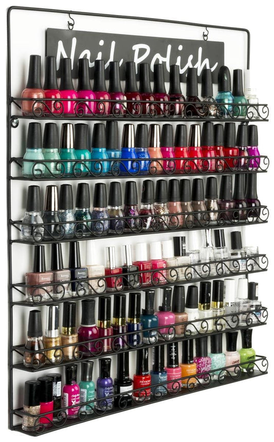 Displays2go Nail Polish Wall Rack Organizer, 6 Shelf,Holds Up to 102 Bottles (Gloss Black Steel)
