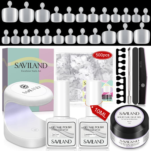 Saviland White Toe Nail Tips and Solid Glue Gel Kit – 500 Pcs Full Cover Toenail Tips with Solid Nail Glue Gel Base & Top Coat U V Light Manicure Tools Kit for Nail Salon Home DIY