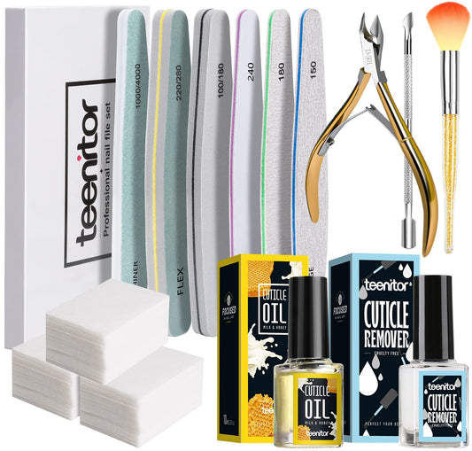 Teenitor Nail and Cuticle Care Tools kit with Cuticle Remover, Nail Files Buffer, Cuticle Nail Clipper, Cuticle Peeler Scraper Pusher and Cutter,Cuticle Oil and Clean Cotton Pad