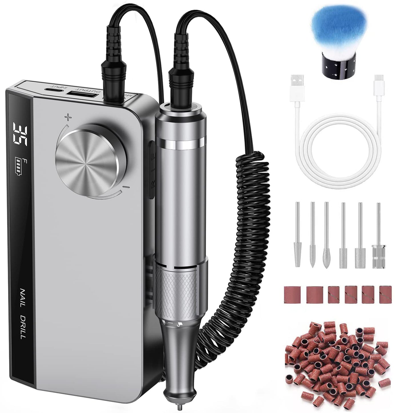 Professional Nail Drill Machine,Electric Acrylic Gel Nails Kit Portable E File 35000RPM Rechargeable Manicure Pedicure Polishing Shape Tools for Home and Salon (UV-501（Grey）)