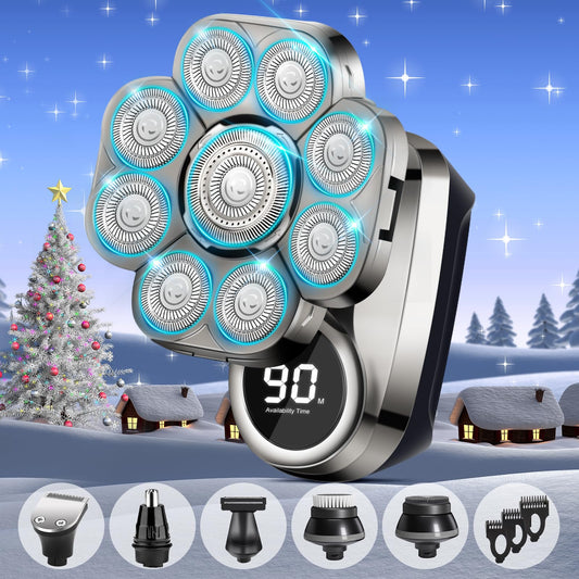 Head Shavers for Bald Men, 6 in 1 9D Floating Electric Shavers for Men Bald Head, IP67 Waterproof Electric Razor for Men Wet and Dry Shaving with Grooming Kit, Rotary Shaver for Men with LED Display