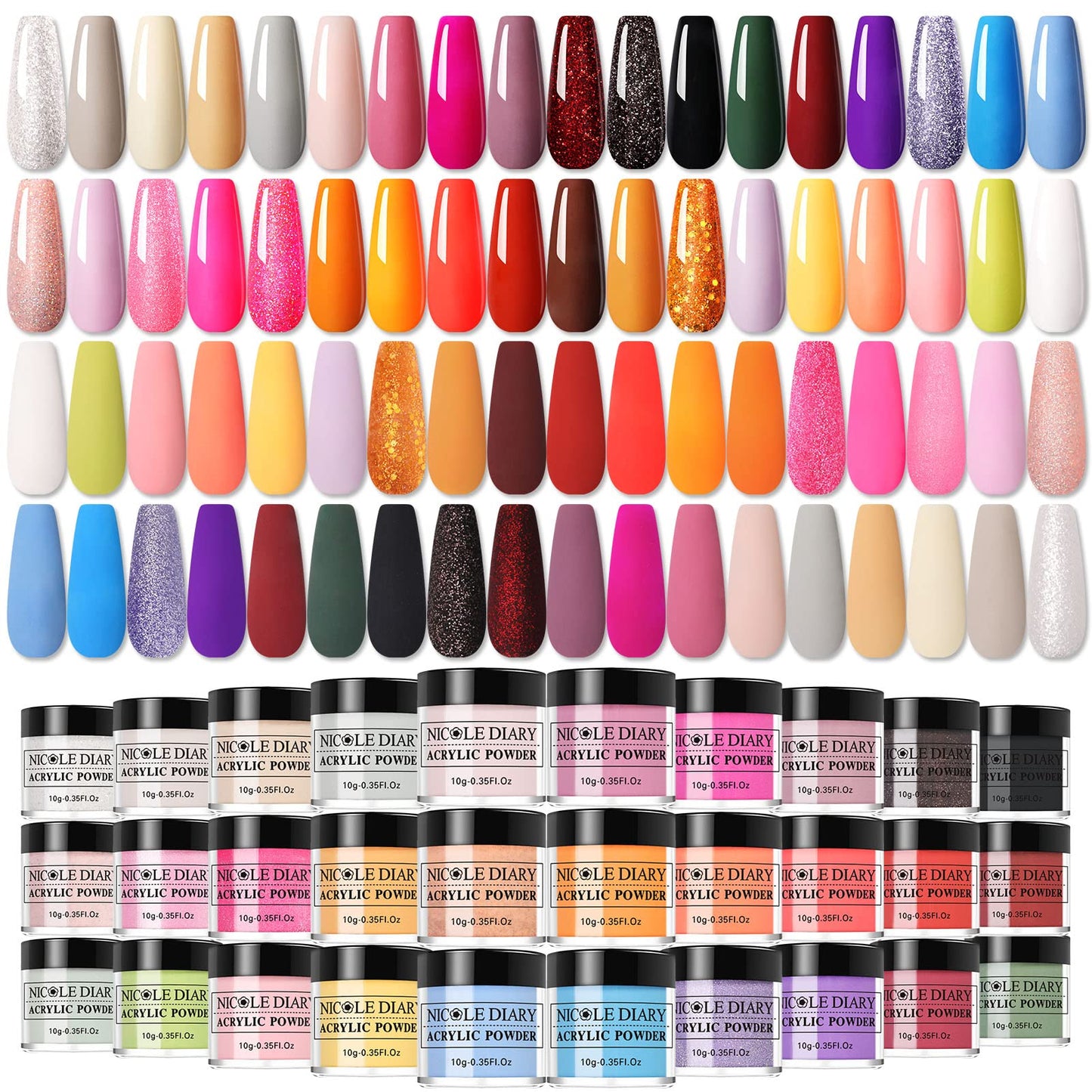NICOLE DIARY 36 Colors Acrylic Powder Set, Acrylic Nail Powder Starter, Glam Series Beauty Gift Sets for 3D Manicure Extension, Nail Carving Home DIY & Nail Salon