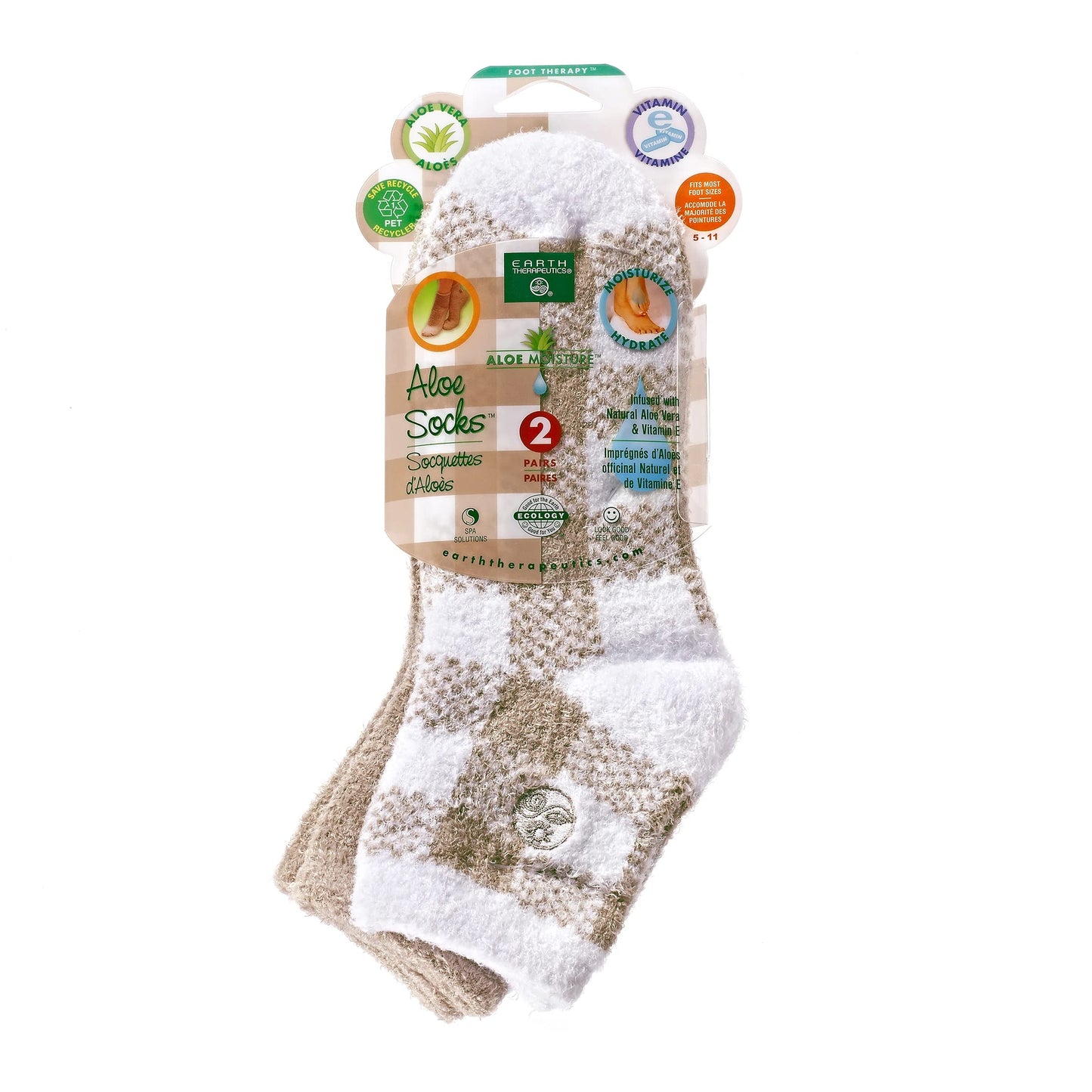 Earth Therapeutics Aloe Socks - Double Pack - Tan Plaid (2 Pairs)