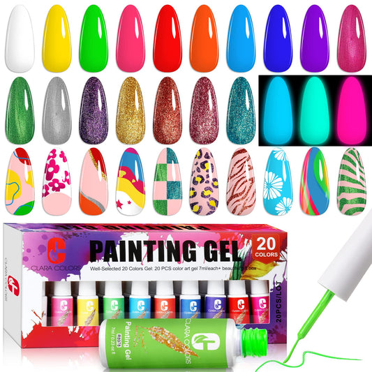 Clara Colors Gel Polish Nail Art Gel Liner Set, 20 Colors Gel Polish for Swirl French Tip Painting Designs Built Thin Nail Art Brush in Bottle Gel Soak Off UV Led Nail