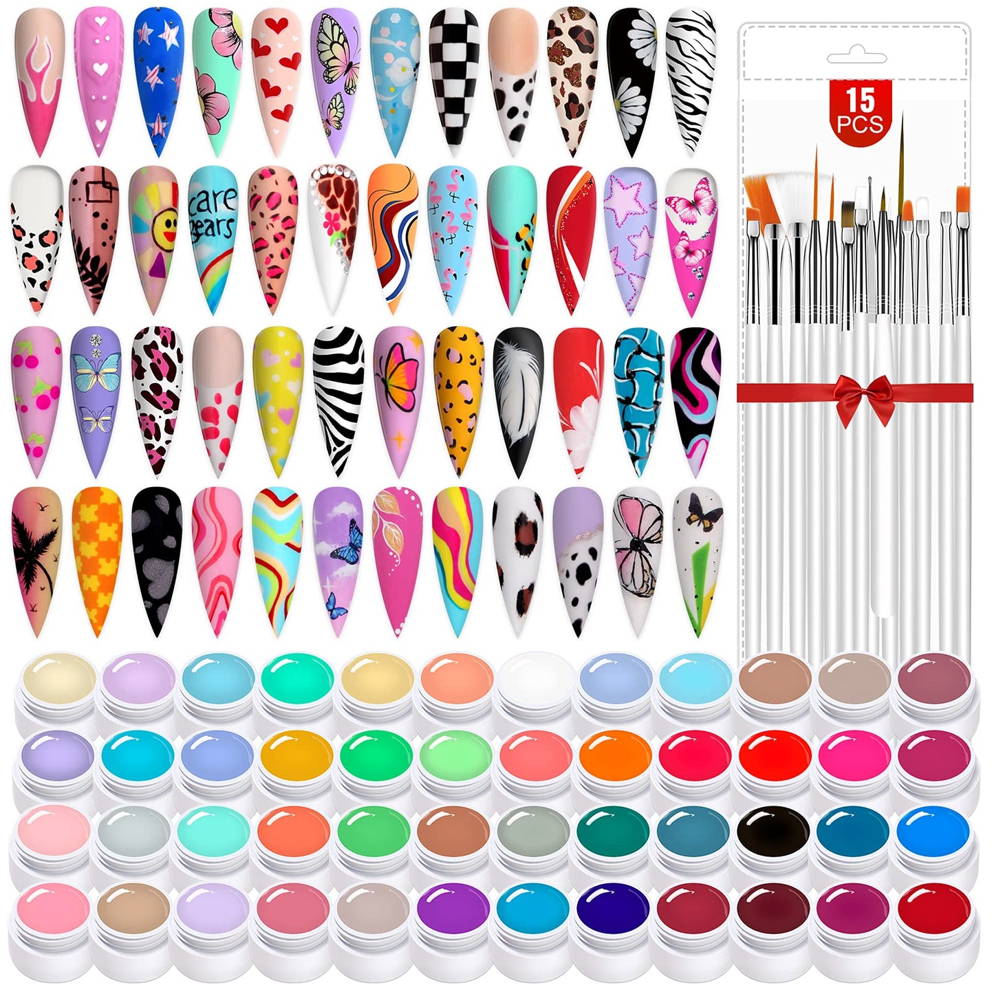 Saviland 48 Colors Nail Art Gel Paint Kit - 63Pcs Solid Gel Nail Polish Kit with Nail Art Painting Gel and 15pcs Gel Nail Art Brushes for Nail Art Design Manicure DIY at Home & Nail Salon