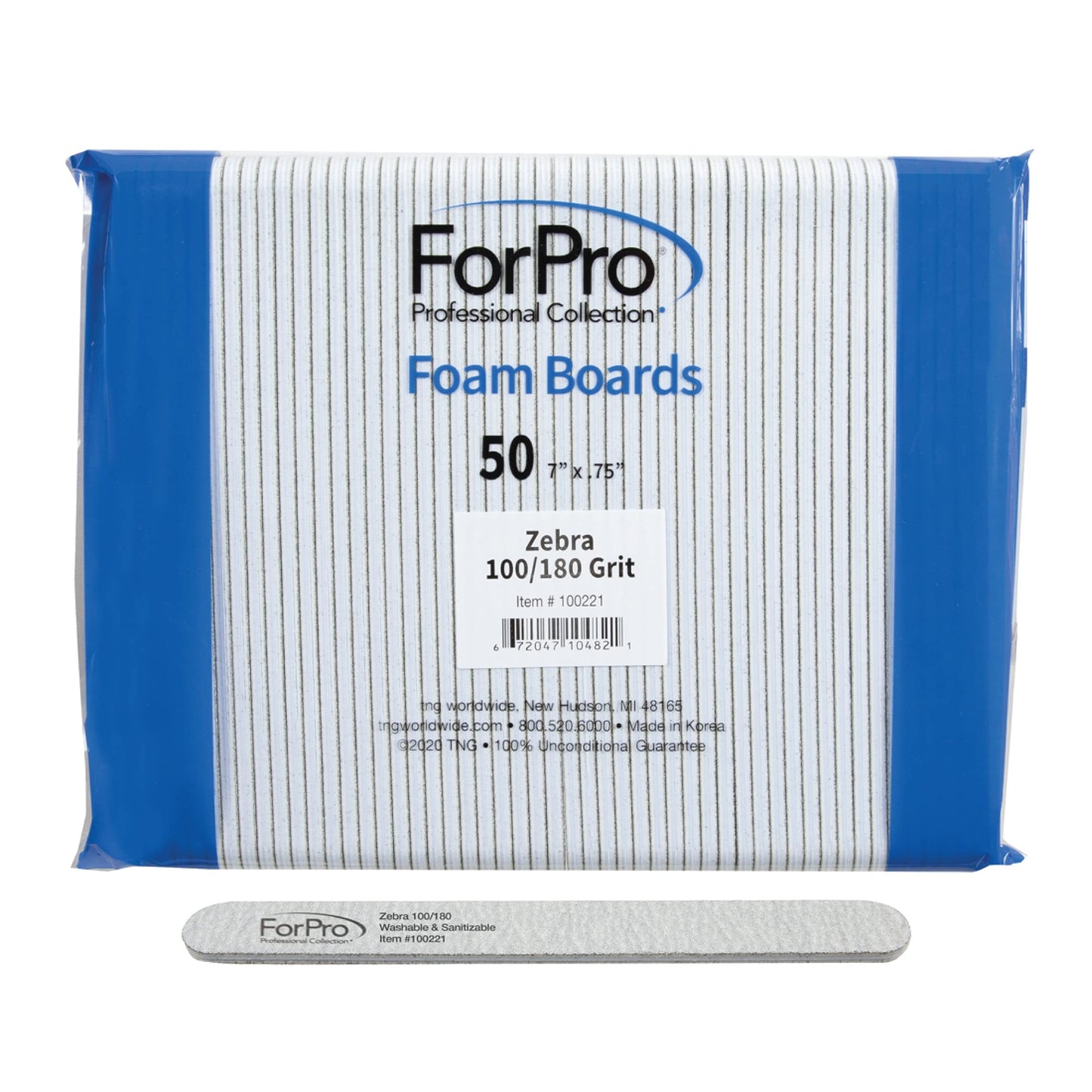 ForPro Zebra Foam Board, 100/180 Grit, Double-Sided Manicure Nail File, 7” L x .75” W 50-Count