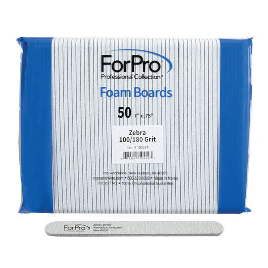 ForPro Zebra Foam Board, 100/180 Grit, Double-Sided Manicure Nail File, 7” L x .75” W 50-Count