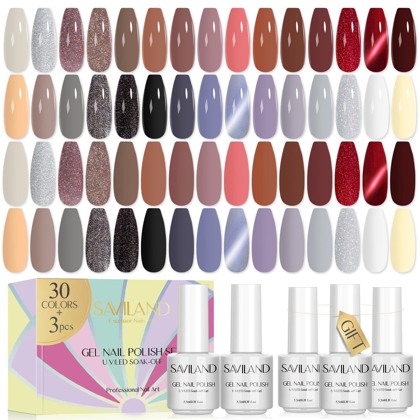 SAVILAND 33PCS Gel Nail Polish Set Classic Glitter White Soak-off U V Gel Polish with Base & Glossy Matte Top Gel French Manicure Nail Art Starter Set for Salon Home & Gifts