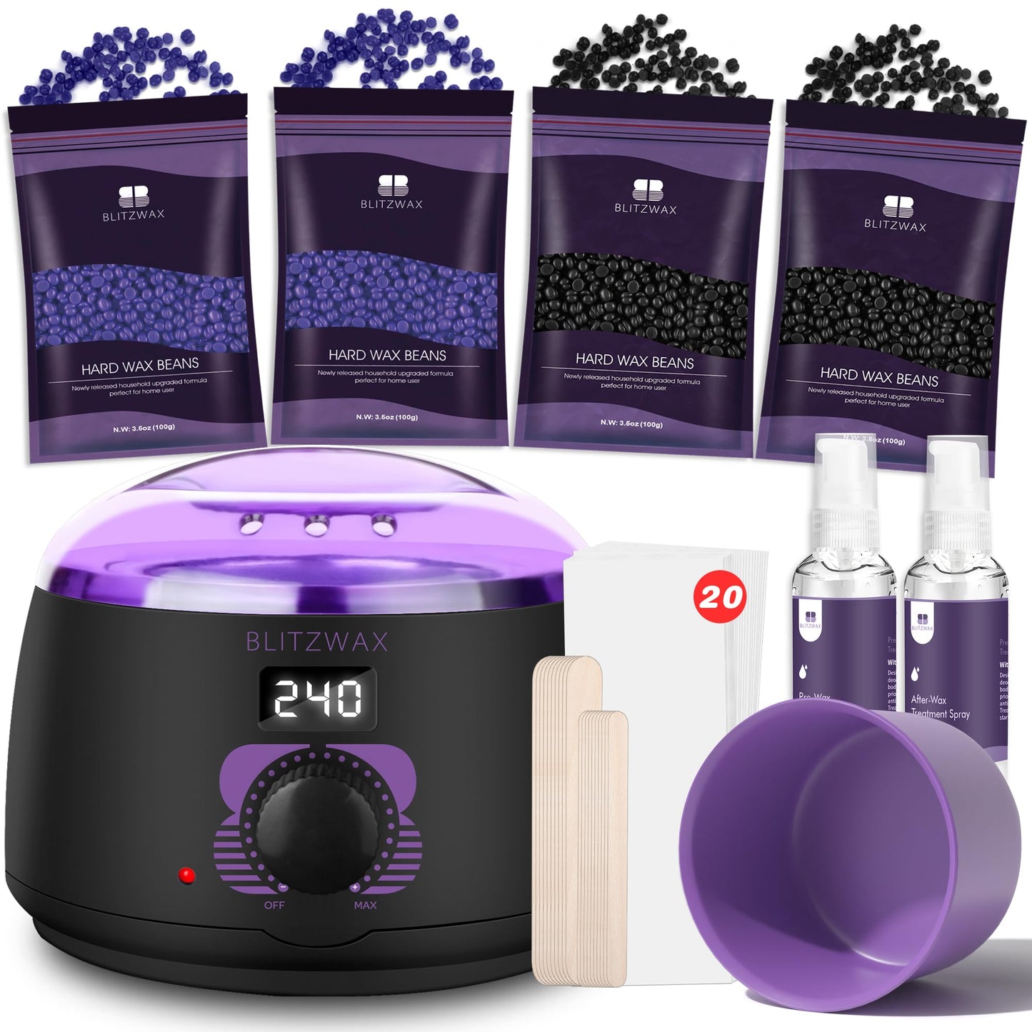 BLITZWAX Waxing Kit for Women Men Digital Wax Kit Suitable for Sensitive Skin/Brazilian/Full Body/Bikini/Hair Removal Hard Wax Kit with 50 Wax Items for Home, Bathroom